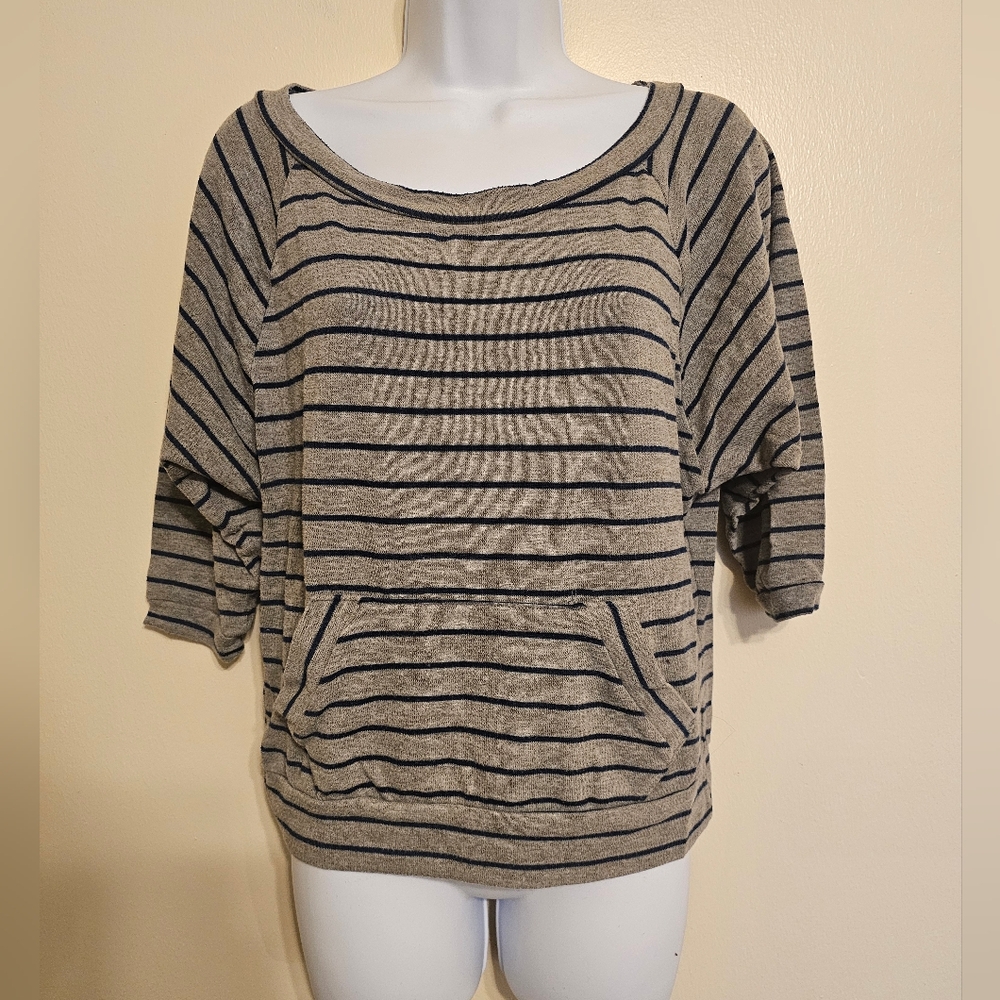 Sound & Matter Striped 3/4 Sleeve Boatneck Shirt Nautical Grey Blue Medi…